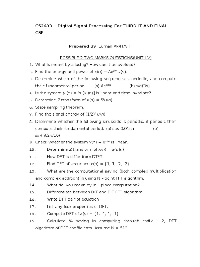 Digital Signal Processing Exam Questions | PDF