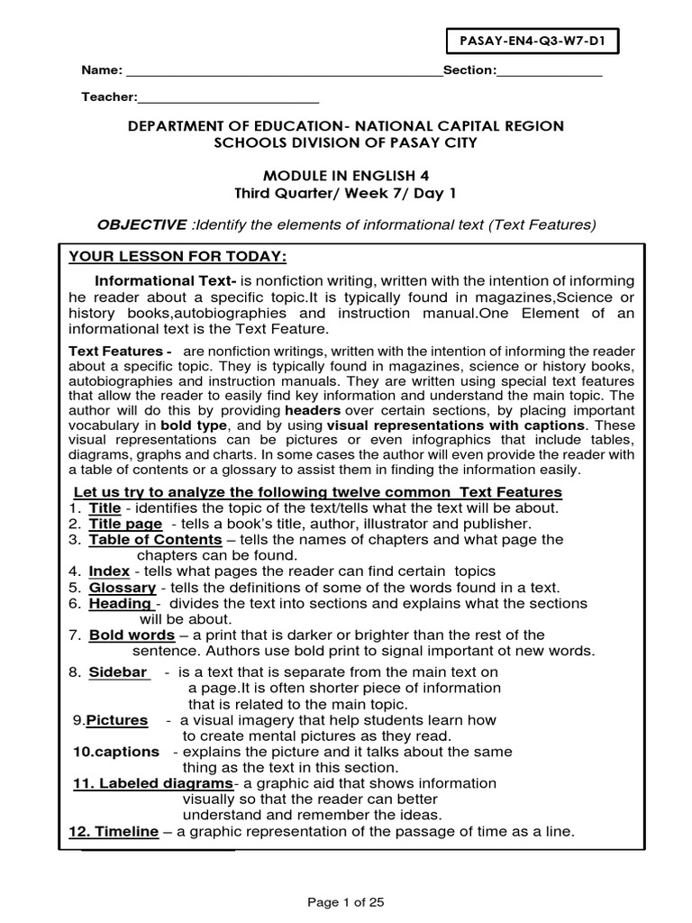 Elements of Informational Text for Grade 4 | PDF | Infographics