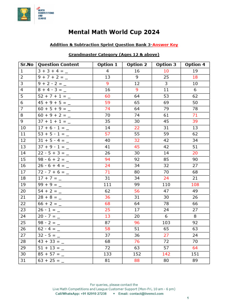 Math Answer Key for Competitions | PDF | Mathematics | Arithmetic