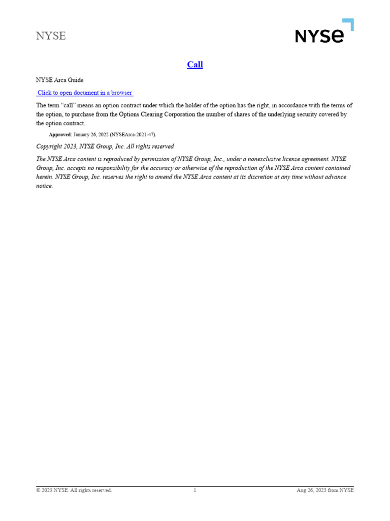 NYSE Arca Call Option Guide | PDF