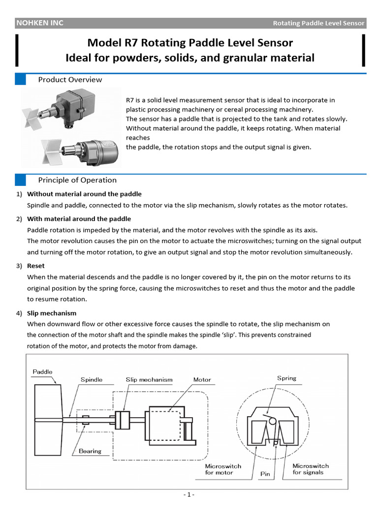Model R7 Rotating Paddle Level Sensor Ideal For Powders, Solids, and