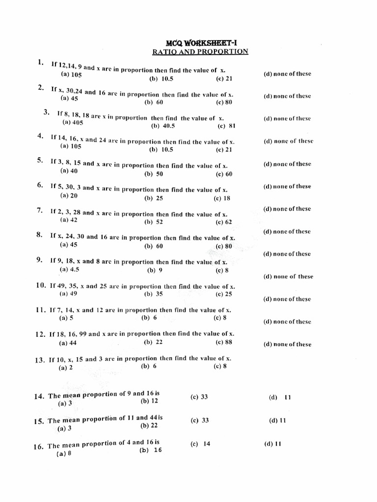 MCQ Worksheet on Ratio and Proportion | PDF | Physical Quantities ...