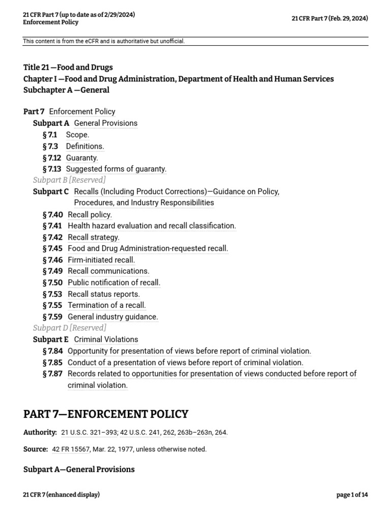 21 cfr part 7 up to date as of 2 29 2024 pdf food and drug