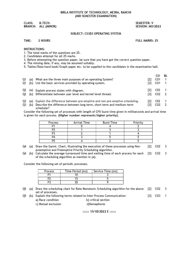 CS303 Operating System - M (Mid - Mo22) | PDF | Scheduling (Computing ...