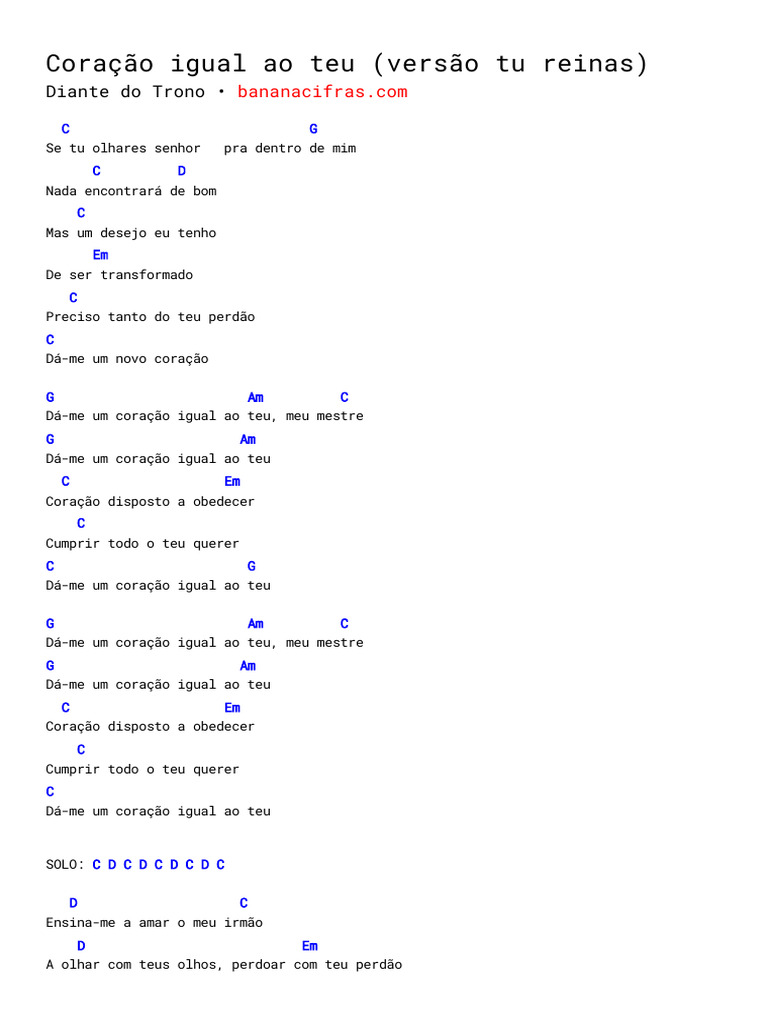 Coração Igual Ao Teu Versão Tu Reinas Simplificada Diante Do Trono Pdf
