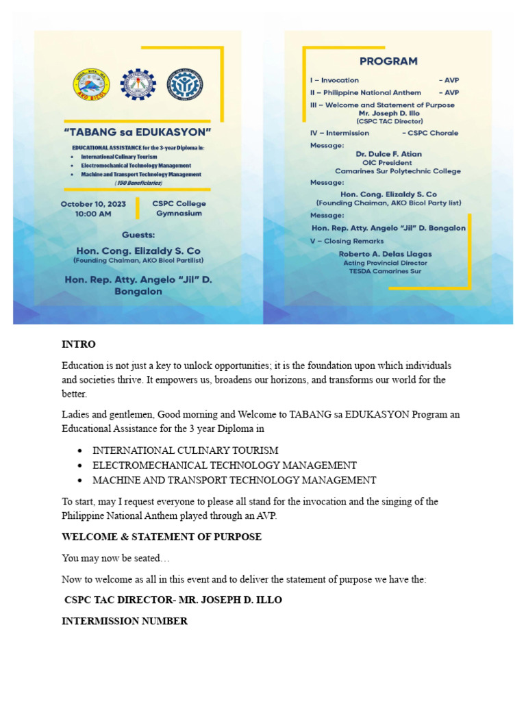 Tabang Sa Edukasyon Emcee Script | PDF