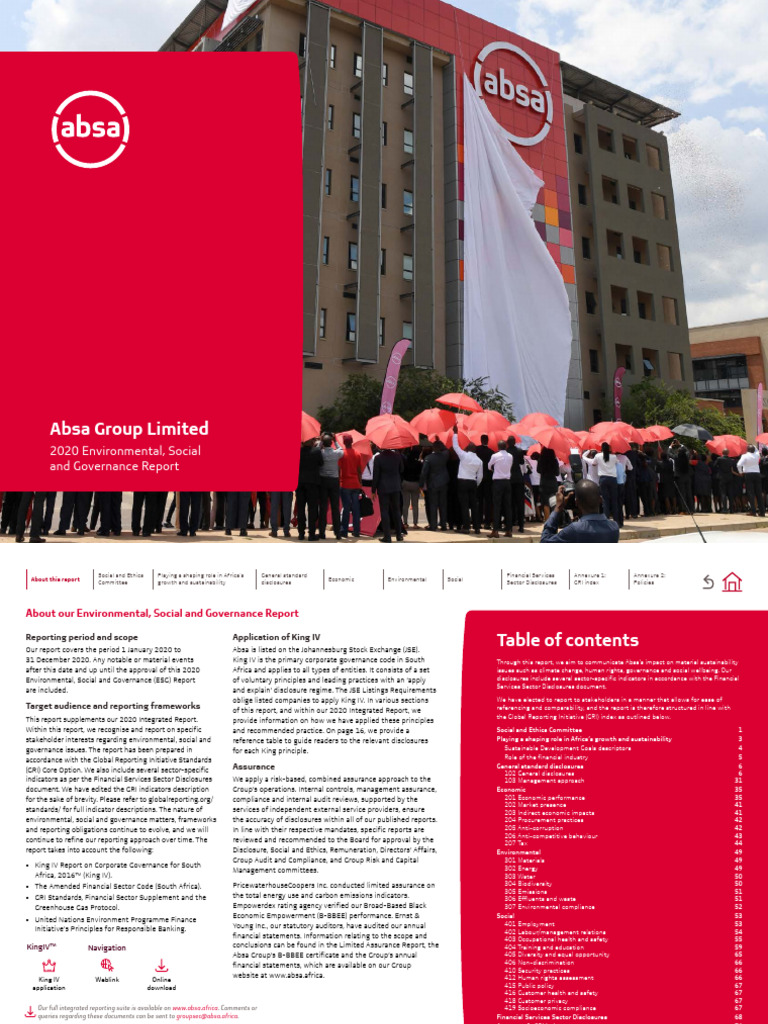 Absa 2020 ESG Report Overview | PDF | Sustainability | Governance