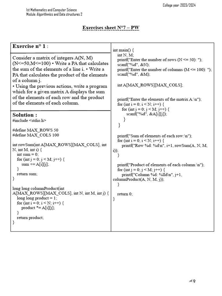 Exercises sheet N°7 – PW | PDF | Integer (Computer Science) | Algorithms
