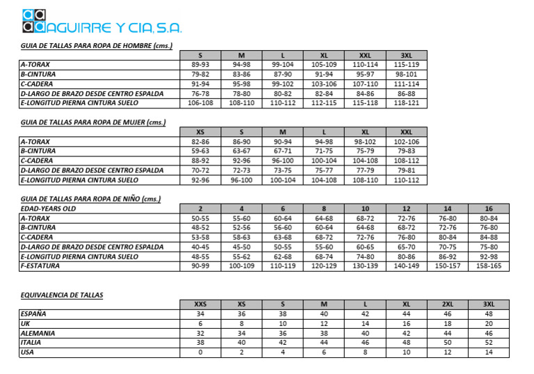 Spa - Johnsmith - Sizechart - Apparel Guía de Tallas para Ropa de ...