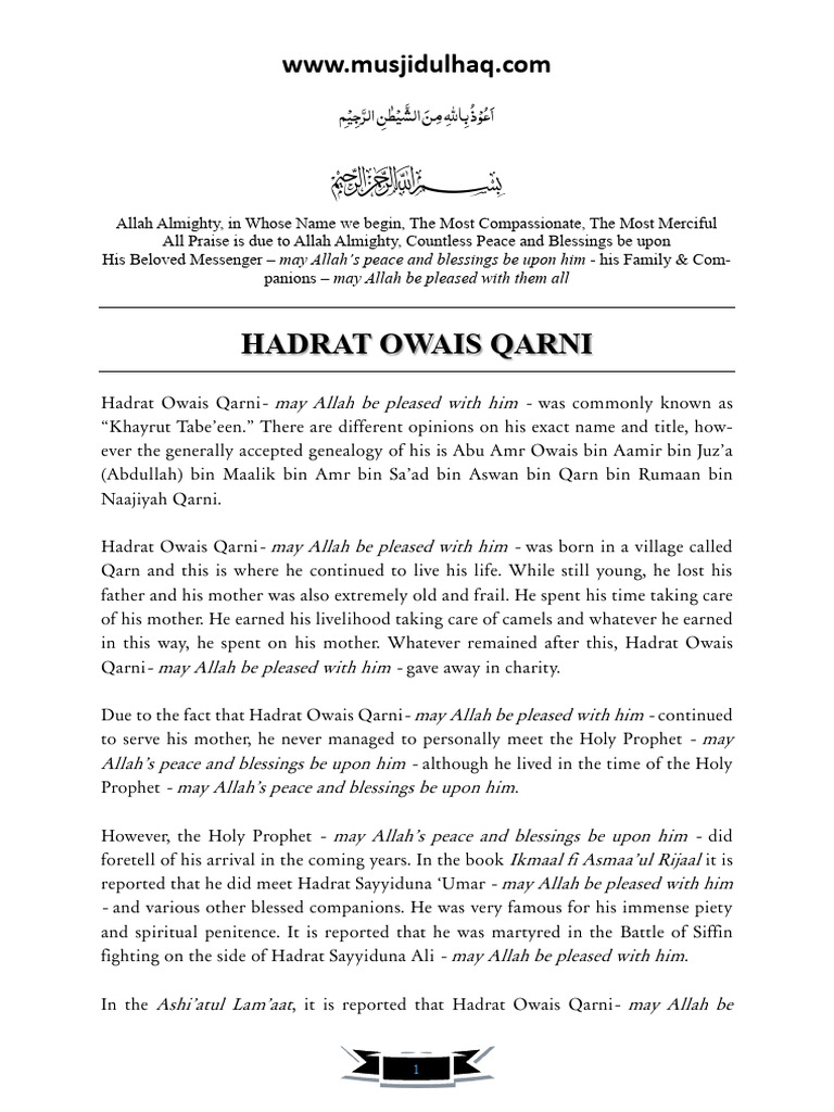 Life and Legacy of Hadrat Owais Qarni | PDF | Hadith | Umar