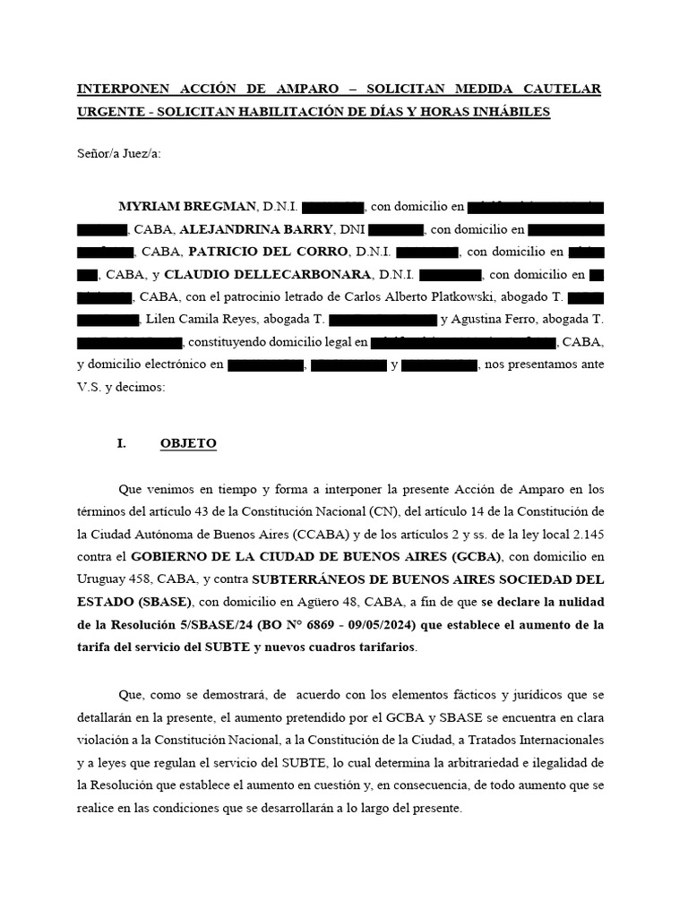 Amparo Contra El Tarifazo Del Subte-Bregman-FIT-9-5-2024 | PDF ...