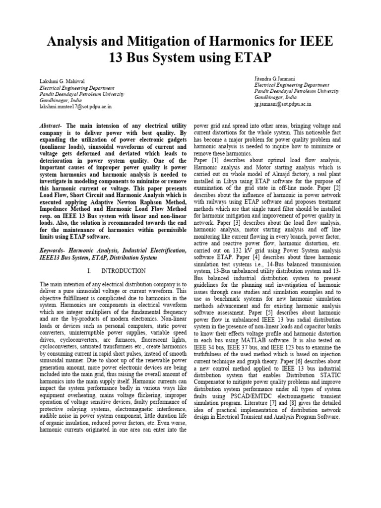 Analysis and Mitigation of Harmonics For IEEE 13 Bus System Using ETAP ...