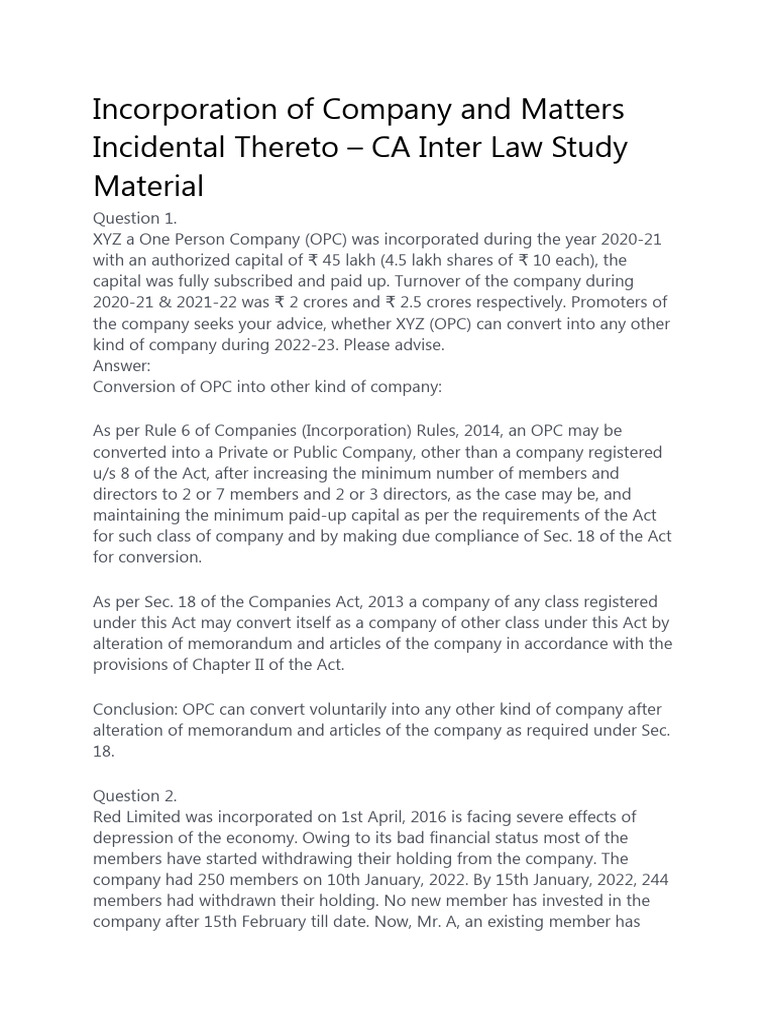 Incorporation of Company and Matters Incidental Thereto Case Study ...