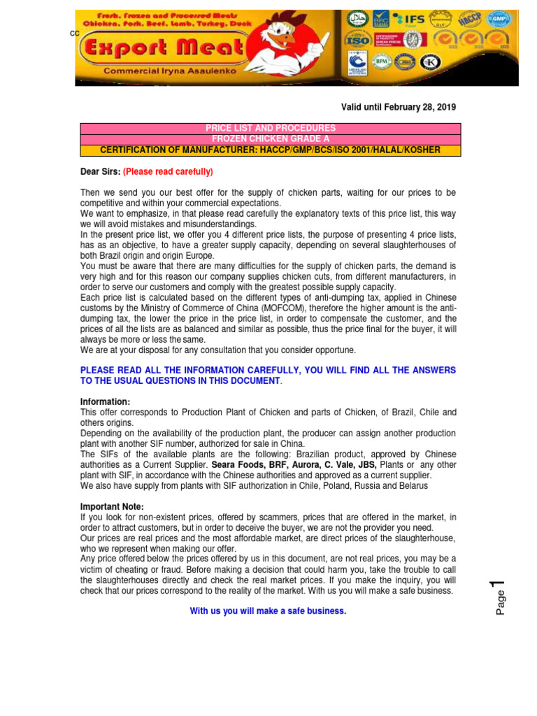 1 Halal Whole Frozen Chicken Price List 01122019 Download Free PDF Letter Of Credit