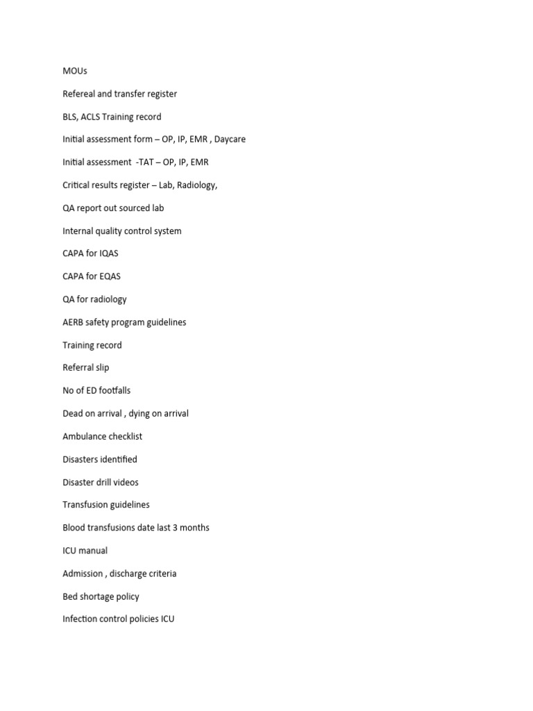 NABH Audit Checklist Overview | PDF | Intensive Care Unit | Electronic ...