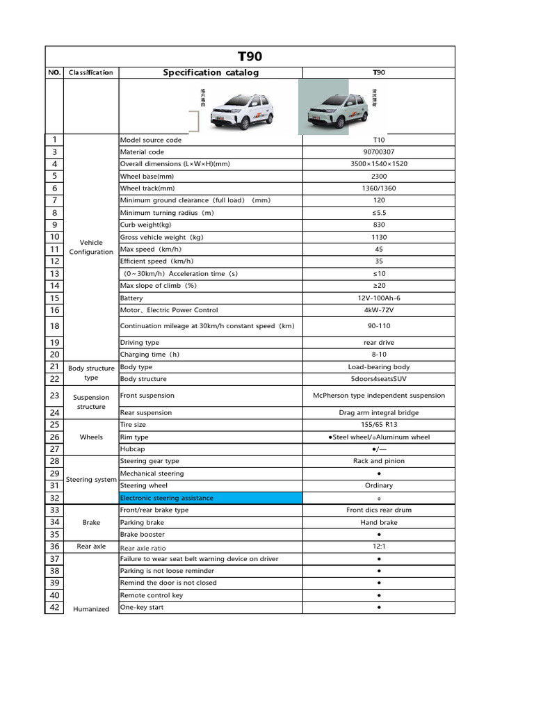 T90 Specification | PDF | Steering | Brake