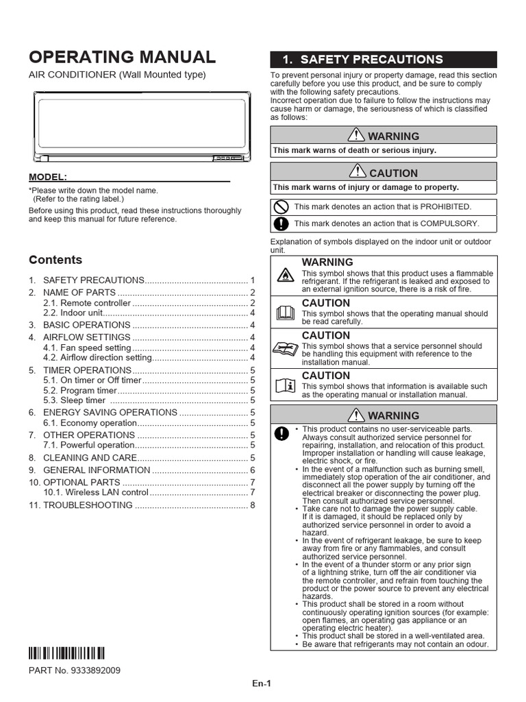 OPERATING MANUAL AIR CONDITIONER Asyg09kpca Fujitsu | PDF | Air Conditioning | Power Supply