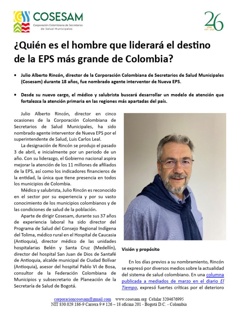 Julio Rincón: Nuevo Líder de Nueva EPS | PDF | Colombia | Bogotá