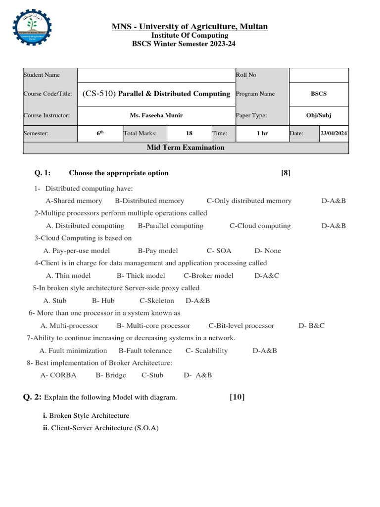 BSCS Midterm Exam: Parallel & Distributed Computing | PDF