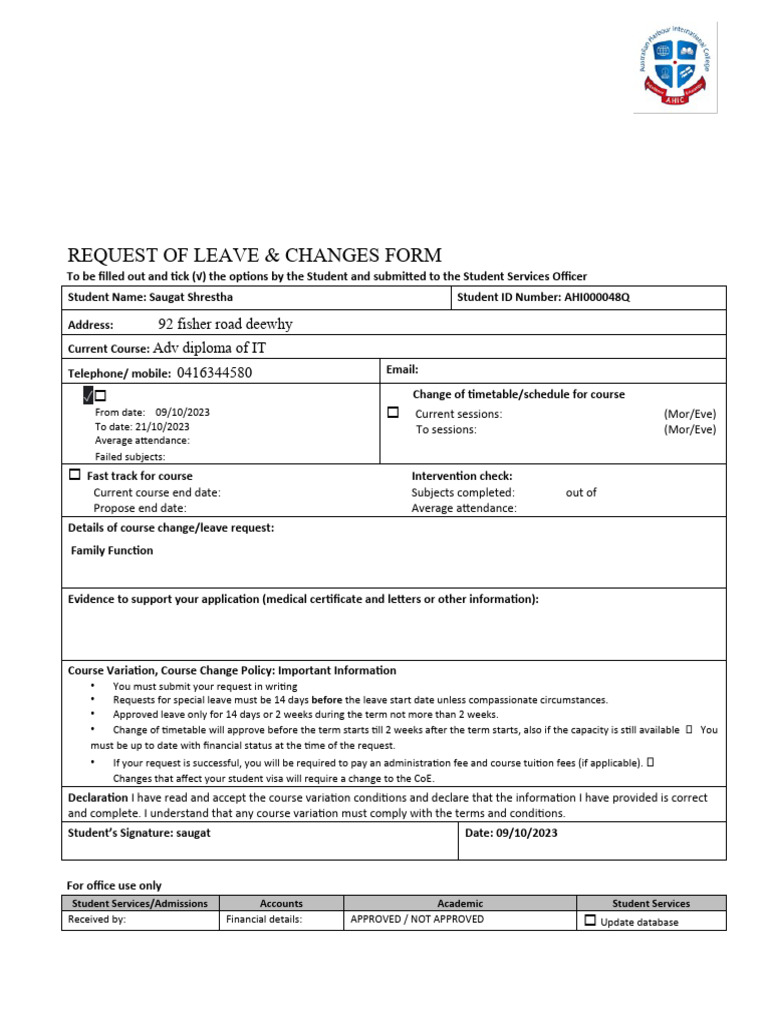 ADM - 26 Request of Leave and Changes Form v3 | PDF