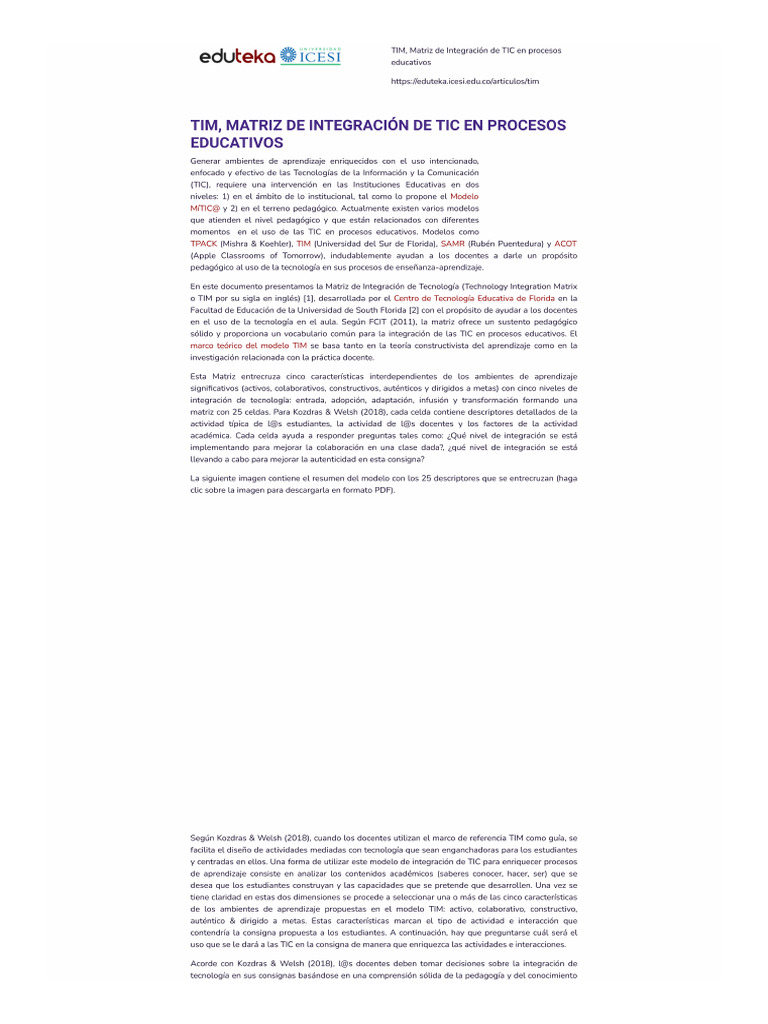 TIM, Matriz de Integración de TIC en Procesos Educativos | PDF