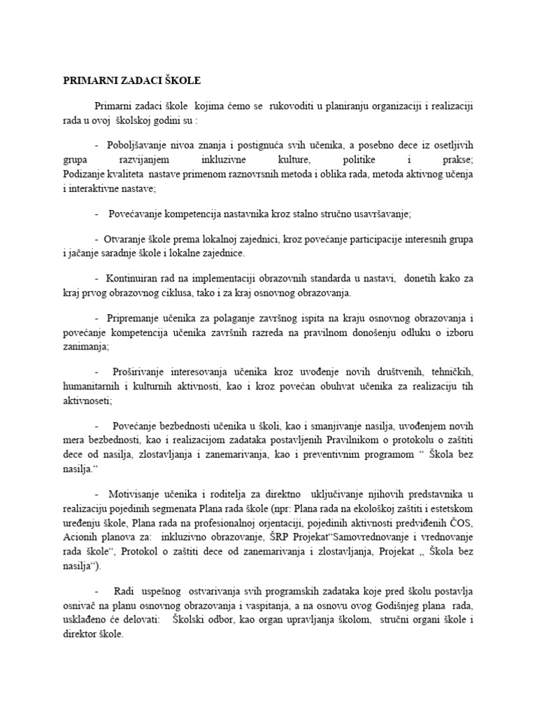 Primarni Zadaci Škole | PDF