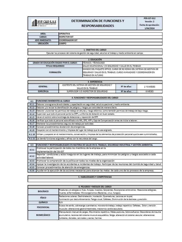 Perfil Del Cargo Inspector SST | PDF | Seguridad y salud ocupacional ...