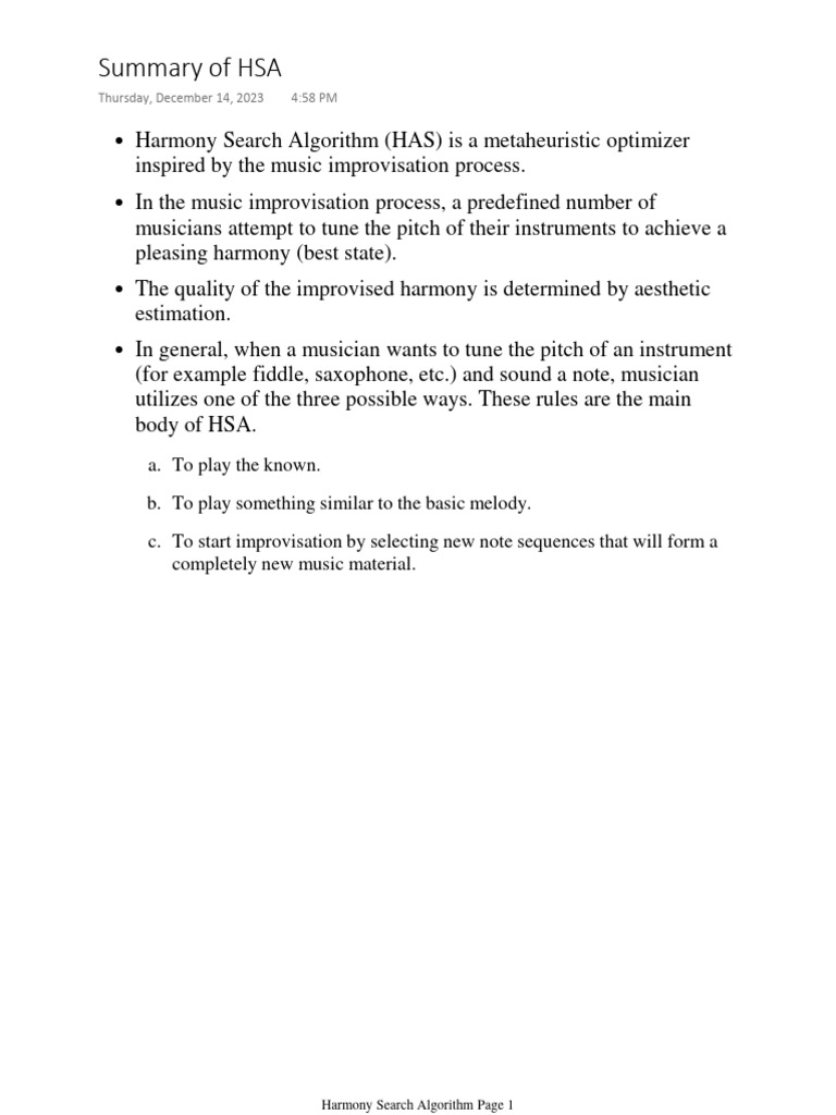 Harmony Search Algorithm Pdf Harmony Metaheuristic