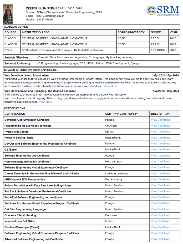 B.Tech Student Profile: Skills & Internships | PDF | World Wide Web ...