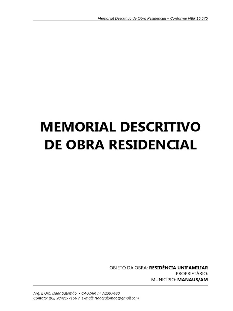 Memorial Descritivo Residencial NBR 15.575 | PDF | Argamassa (alvenaria ...