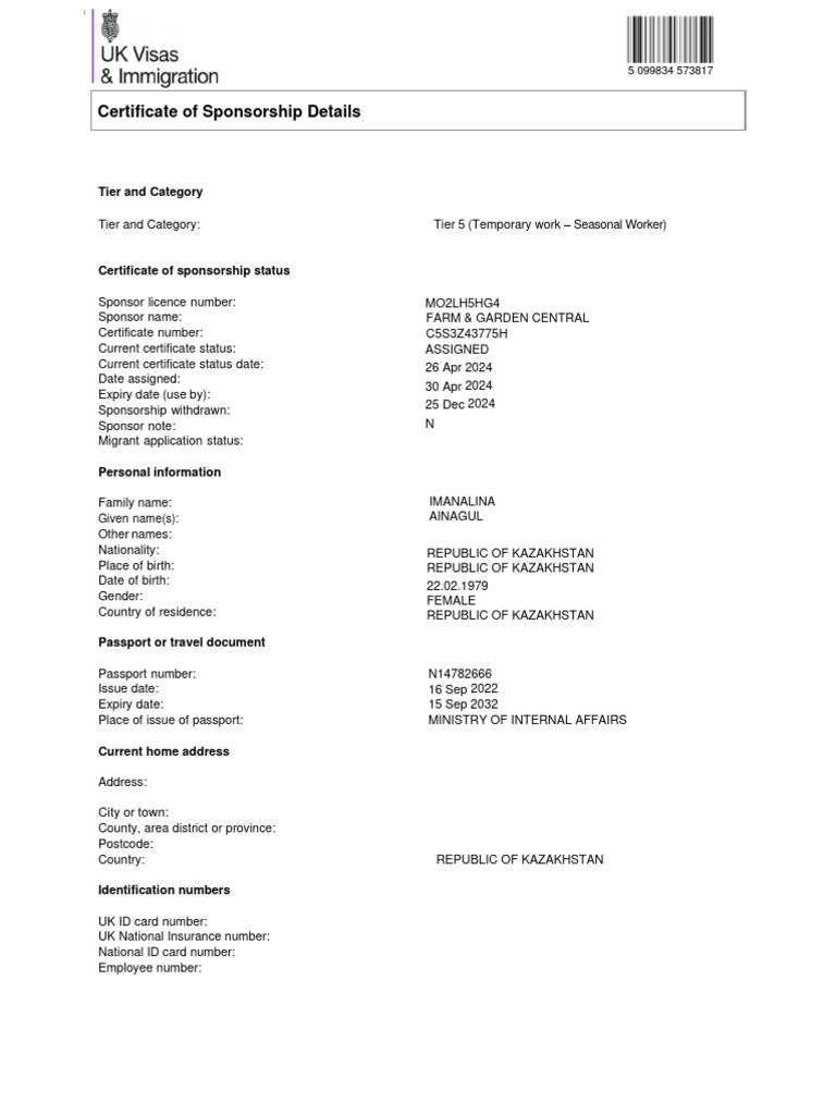 UK Seasonal Worker Sponsorship Certificate | PDF | Identity Document ...