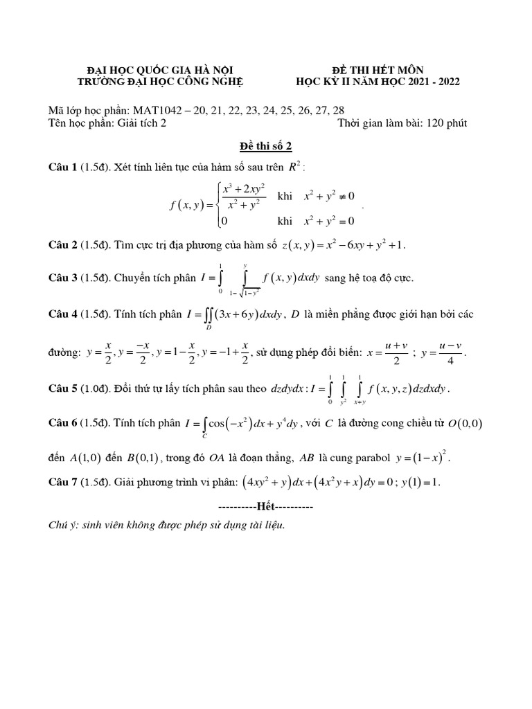 MAT1042 - Giai Tich 2 - de So 2 | PDF