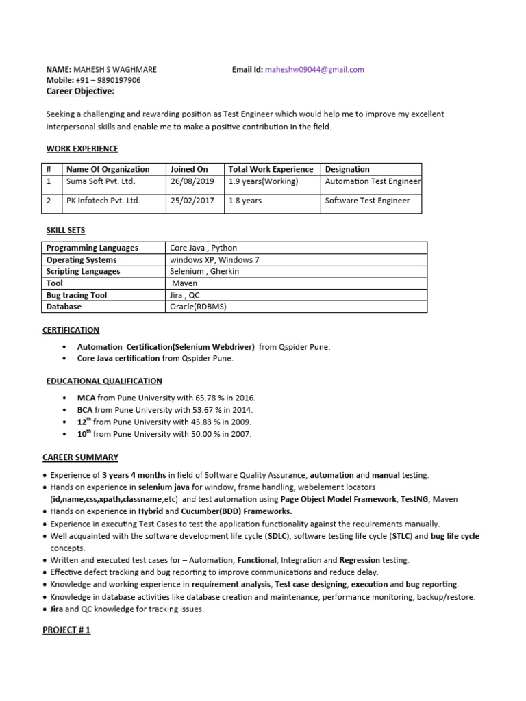 Test Engineer Resume of Mahesh Waghmare | PDF | Selenium (Software ...