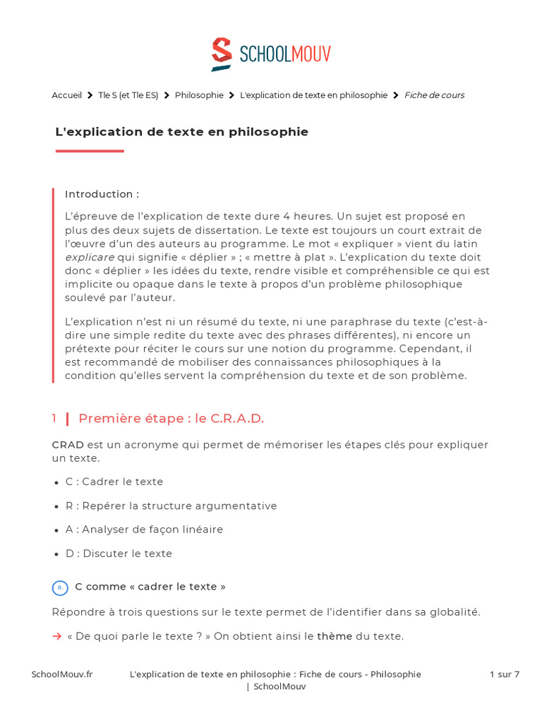 L Explication De Texte En Philosophie School Moov Pdf Argumentation