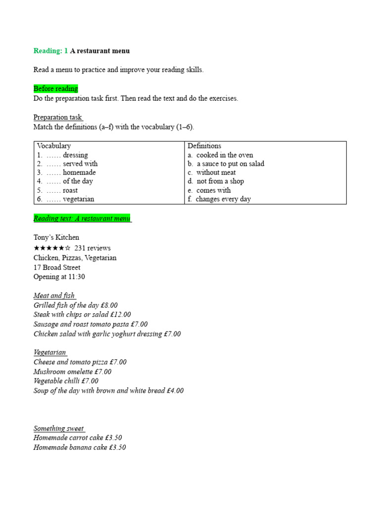 A1 Reading Practice: Menu & Jobs | PDF | Grilling | Drink