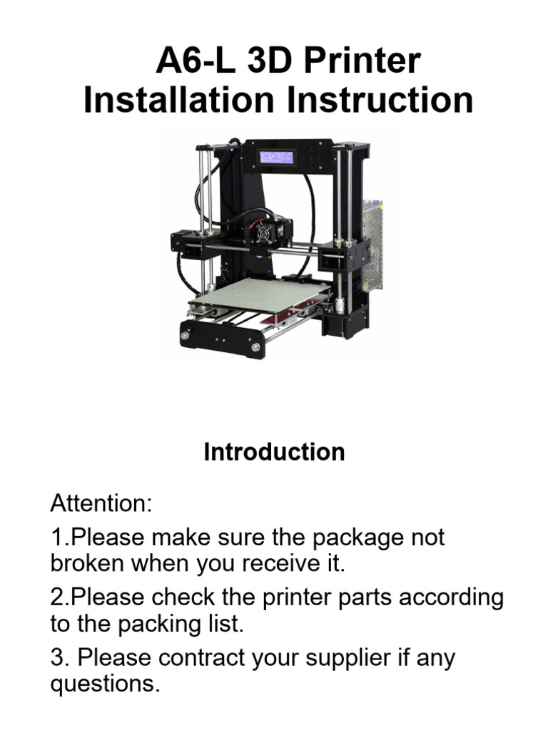 A6-L 3D Printer Installation Guide | PDF | Screw | Manufactured Goods