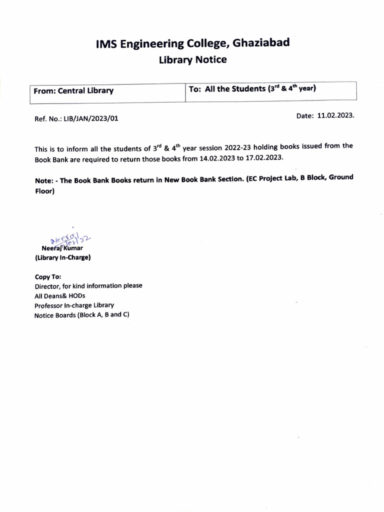 Book Bank Books Return Notice of 3rd& 4th Year Students | PDF
