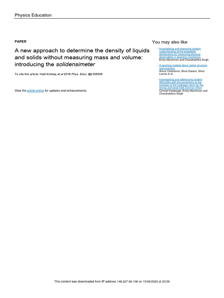 Solidensimeter: A New Density Measurement Method | PDF | Density | Buoyancy