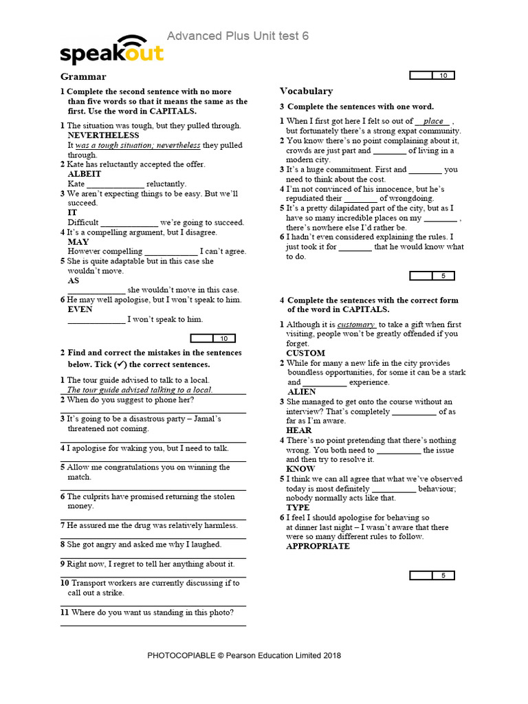 Advanced Plus Grammar and Vocabulary Test | PDF