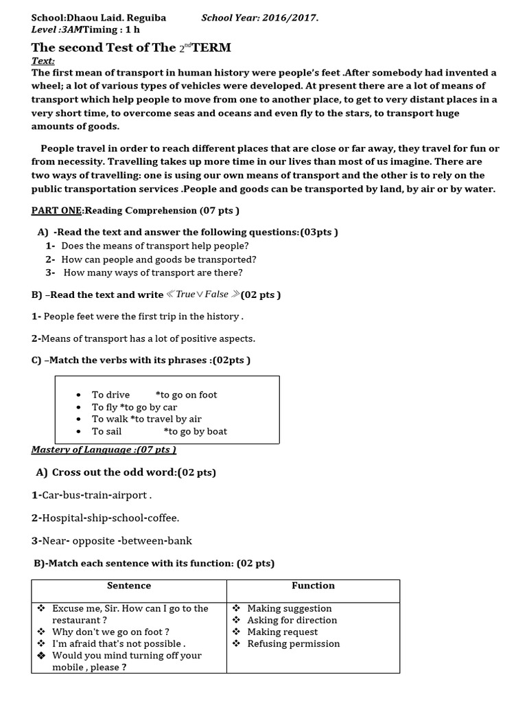 3MS - Second Term Test 2 - by Nadine Souf | PDF | Transport | Linguistics