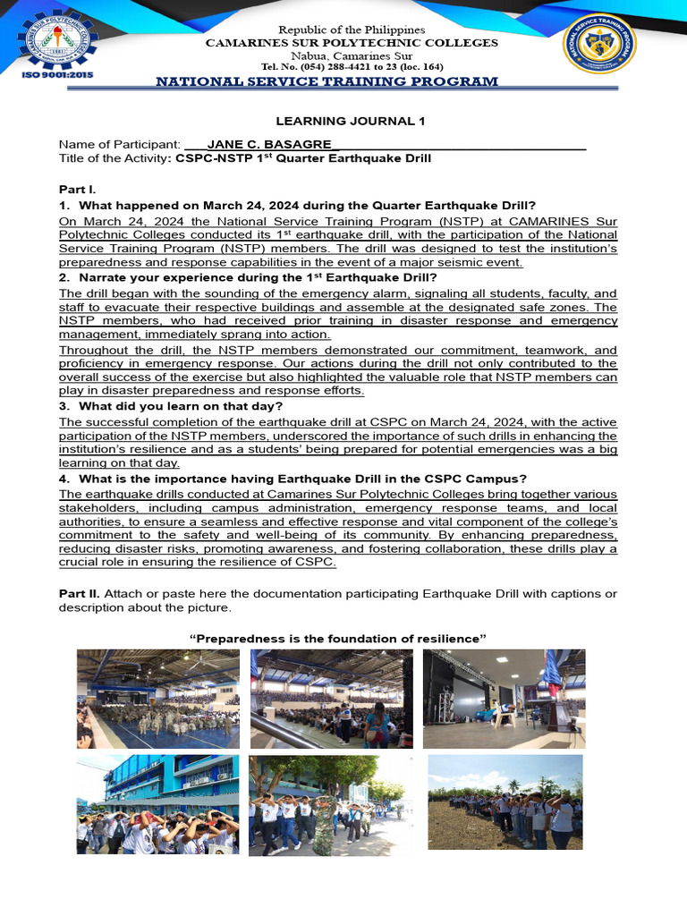 CSPC Earthquake Drill Reflection 2024 | PDF | Emergency Management ...