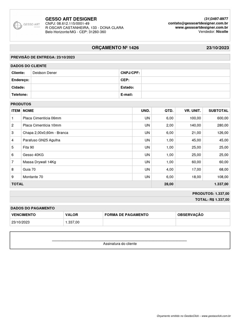 Modelo Orçamento Gesso | PDF