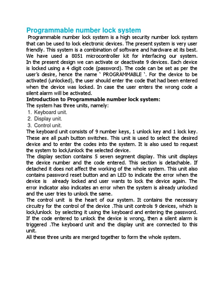 Programmable Number Lock System PDF Computer Keyboard Electrical