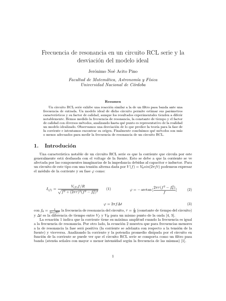 Frecuencia de resonancia en un circuito rcl serie y la desviaci n del