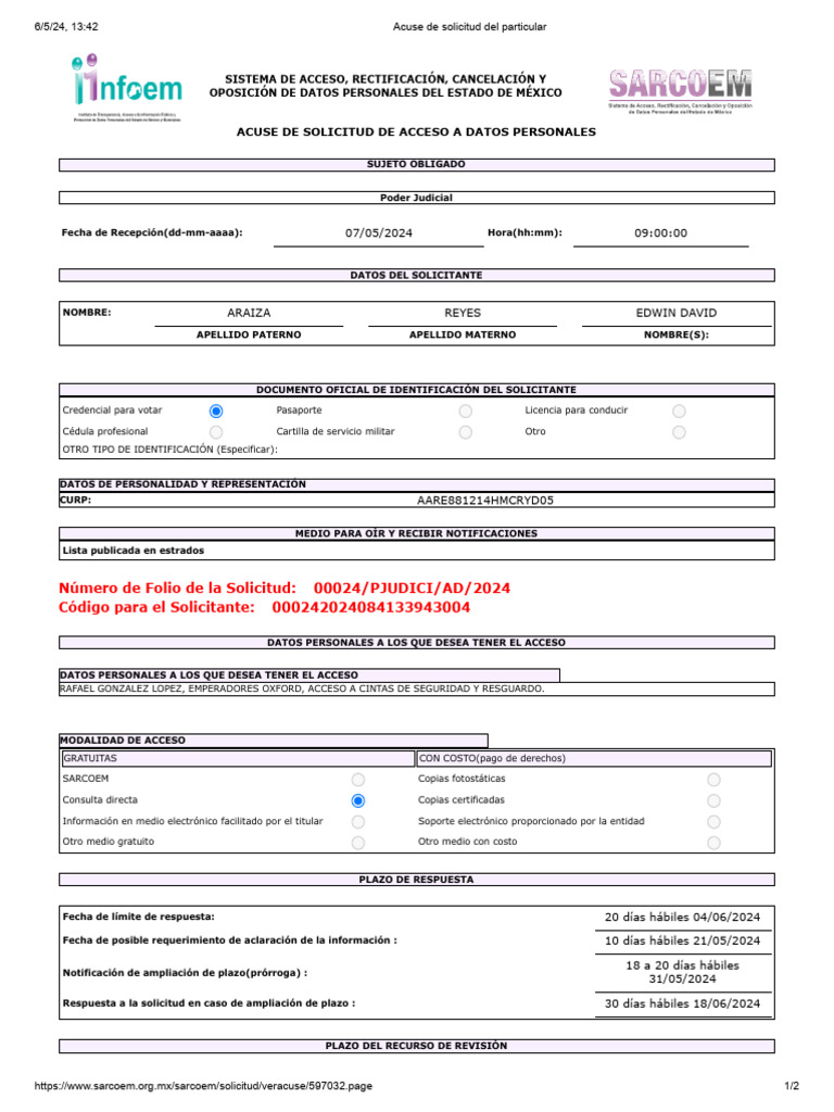 Acuse de Solicitud Del Particular EMPERADORES OXFORD | PDF | Gobierno