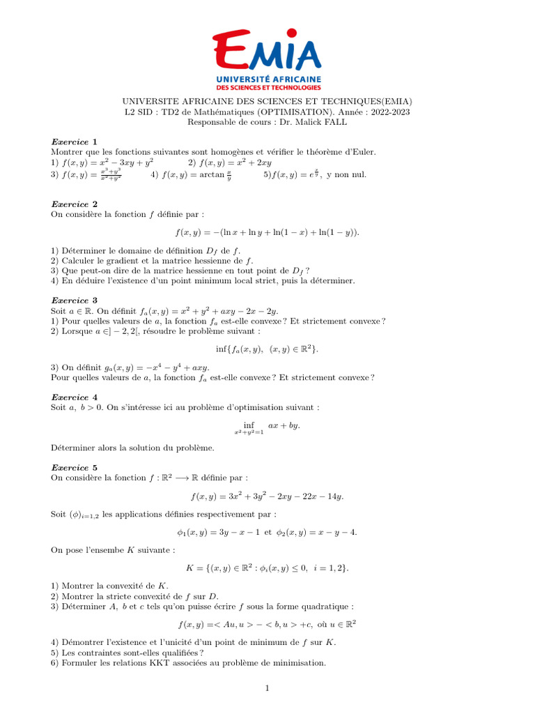 Cours d'Optimisation L2 - Exercices 2022-2023 | PDF | Optimisation ...