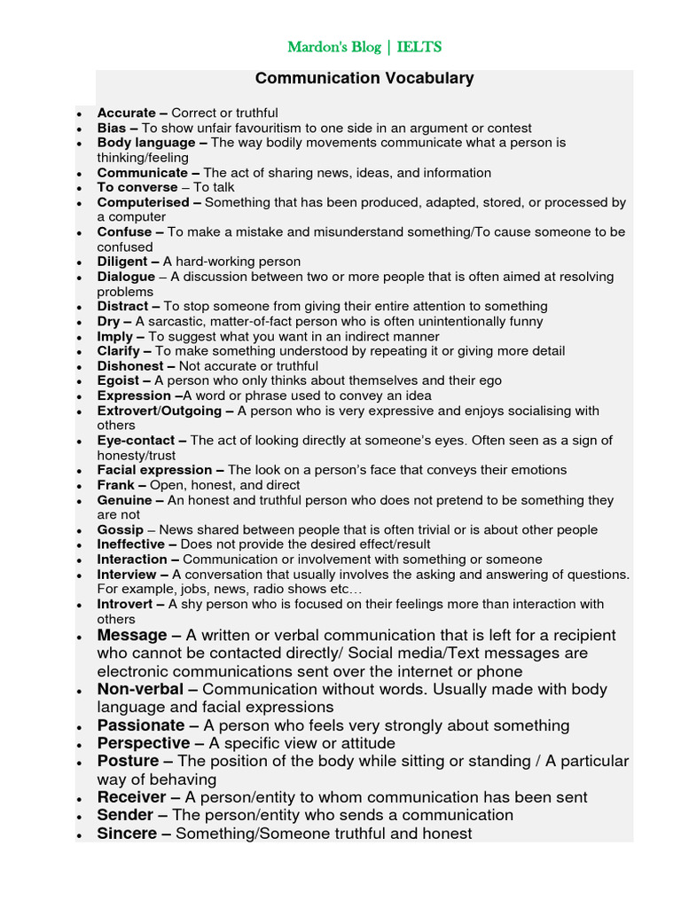 IELTS Communication Vocabulary Guide | PDF | Communication | Human ...