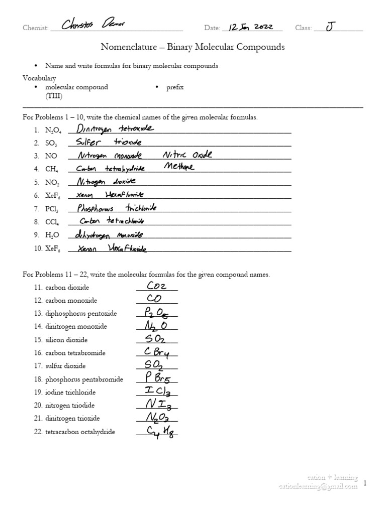 Binary Molecular Compound Naming Worksheet PDF Oxide Nitrogen