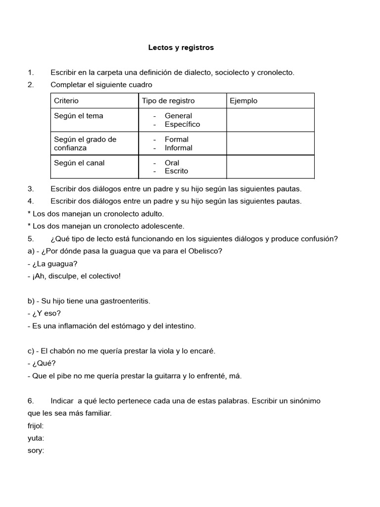 Ejemplos y Actividades de Lectos y Registros | PDF
