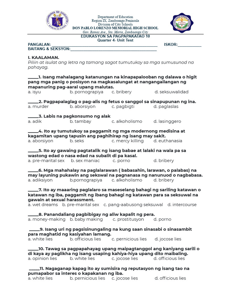 ESP 4th Quarter Unit Test | PDF